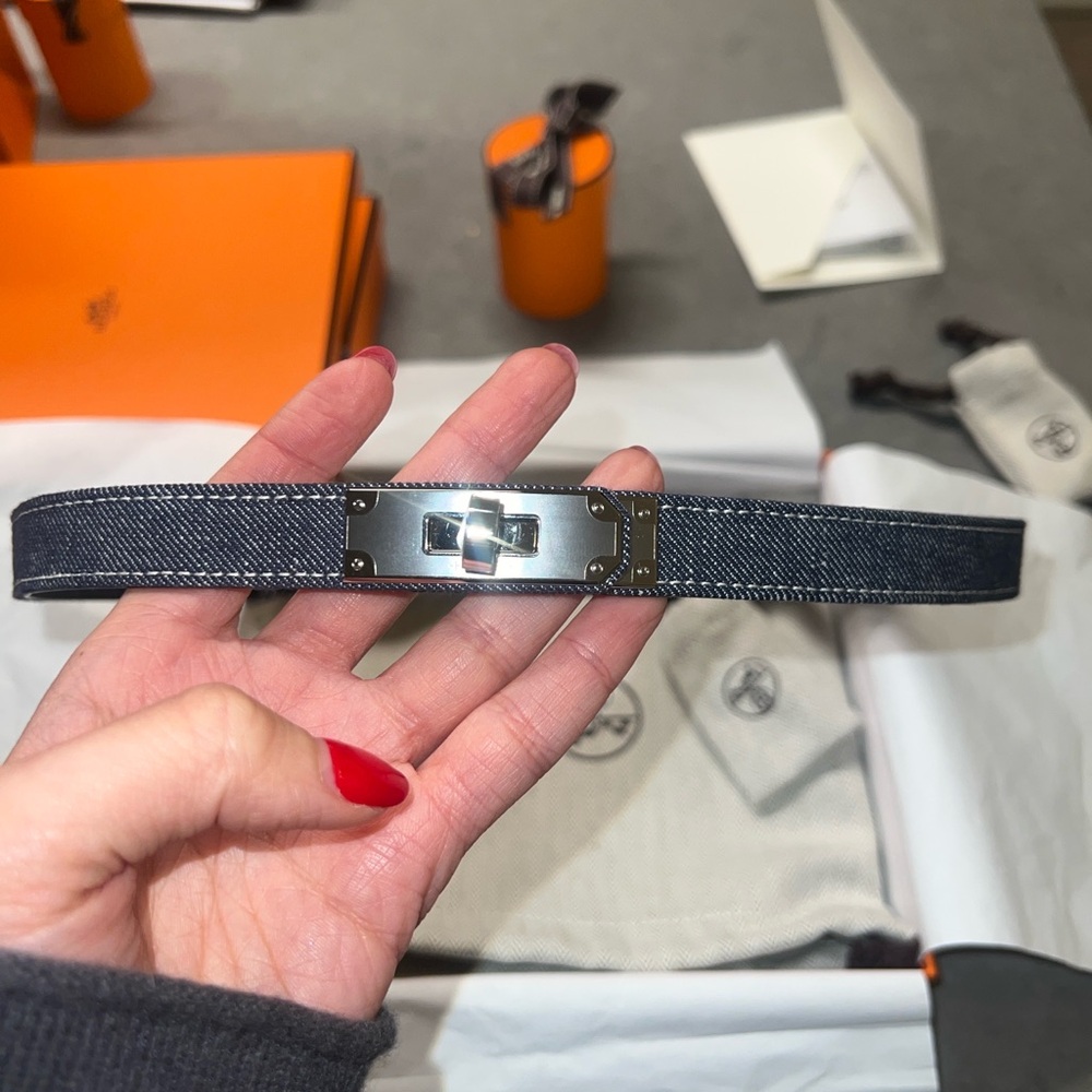HERMES DENIM CLASSIC LEATHER BLUE JEAN KELLY BELT  NEW - Picture 2 of 7